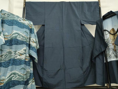 平和屋着物●男性　紬　アンサンブル　長襦袢(袷)セット　格子　正絹　逸品　AABE9256ck