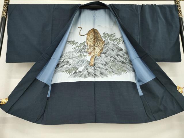 平和屋着物●男性　紬　アンサンブル　長襦袢(袷)セット　格子　正絹　逸品　AABE9256ck
