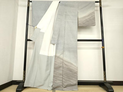 平和屋着物●石川県指定無形文化財　牛首紬　白山工房　手織り　訪問着　流水文　証紙付き　正絹　逸品　AABE9277ck