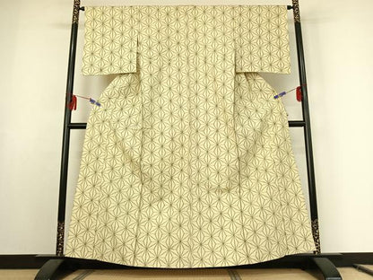 平和屋着物▽上質な紬 単衣 麻の葉文様 正絹 逸品 AABE9281jh