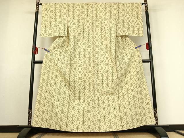平和屋着物▽上質な紬 単衣 麻の葉文様 正絹 逸品 AABE9281jh