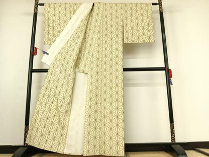 平和屋着物▽上質な紬 単衣 麻の葉文様 正絹 逸品 AABE9281jh