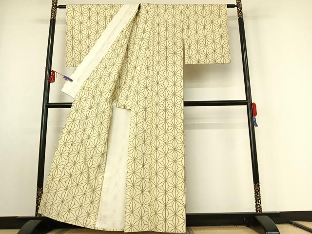 平和屋着物▽上質な紬 単衣 麻の葉文様 正絹 逸品 AABE9281jh