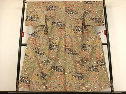 平和屋着物▽上質な小紋　単衣　花鳥文　金彩　正絹　逸品　AABE9284jh