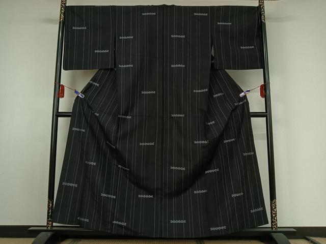 平和屋着物▽上質な紬 単衣 横段文 正絹 逸品 AABE9291jh
