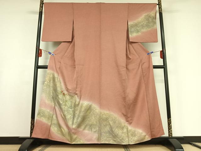 平和屋着物▽訪問着　単衣　刺繍　草花文　正絹　逸品　AABE9292jh