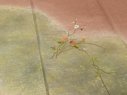 平和屋着物▽訪問着　単衣　刺繍　草花文　正絹　逸品　AABE9292jh