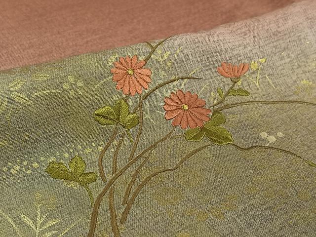 平和屋着物▽訪問着　単衣　刺繍　草花文　正絹　逸品　AABE9292jh