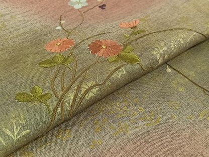 平和屋着物▽訪問着　単衣　刺繍　草花文　正絹　逸品　AABE9292jh