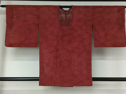 平和屋着物▽道行コート スリーシーズン 春夏秋 塵除け 舞葉地紋 赤紅色 正絹 逸品 AABE9293jh