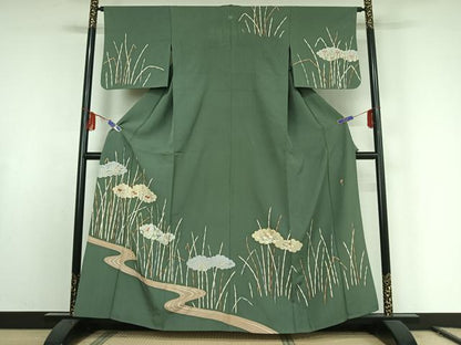 平和屋着物▽訪問着 単衣 作家物 刺繍 流水花文 金銀彩 銀糸 正絹 逸品 AABE9294jh