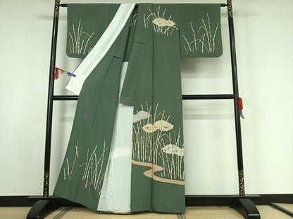 平和屋着物▽訪問着 単衣 作家物 刺繍 流水花文 金銀彩 銀糸 正絹 逸品 AABE9294jh