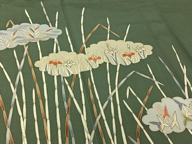 平和屋着物▽訪問着 単衣 作家物 刺繍 流水花文 金銀彩 銀糸 正絹 逸品 AABE9294jh