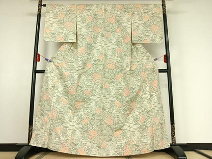 平和屋着物▽上質な紬　単衣　草花文　正絹　逸品　AABE9295jh