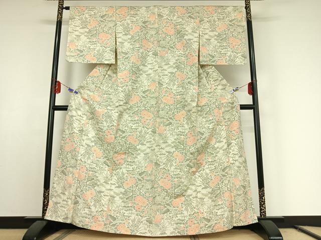 平和屋着物▽上質な紬　単衣　草花文　正絹　逸品　AABE9295jh