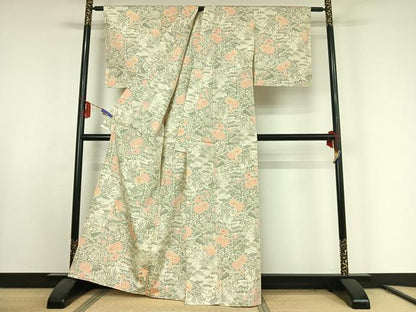 平和屋着物▽上質な紬　単衣　草花文　正絹　逸品　AABE9295jh