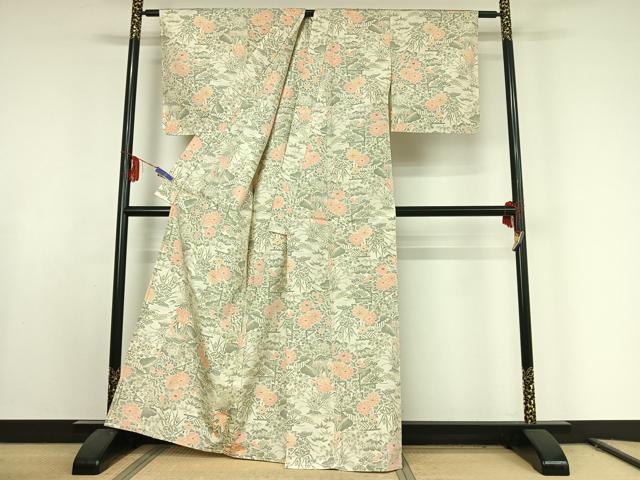 平和屋着物▽上質な紬　単衣　草花文　正絹　逸品　AABE9295jh