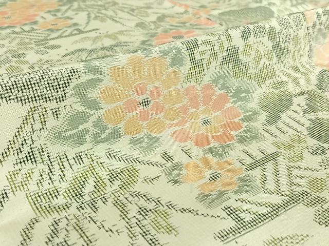 平和屋着物▽上質な紬　単衣　草花文　正絹　逸品　AABE9295jh