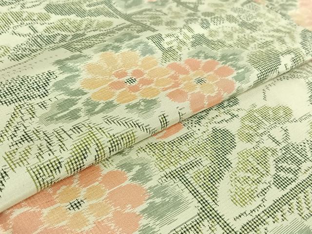 平和屋着物▽上質な紬　単衣　草花文　正絹　逸品　AABE9295jh