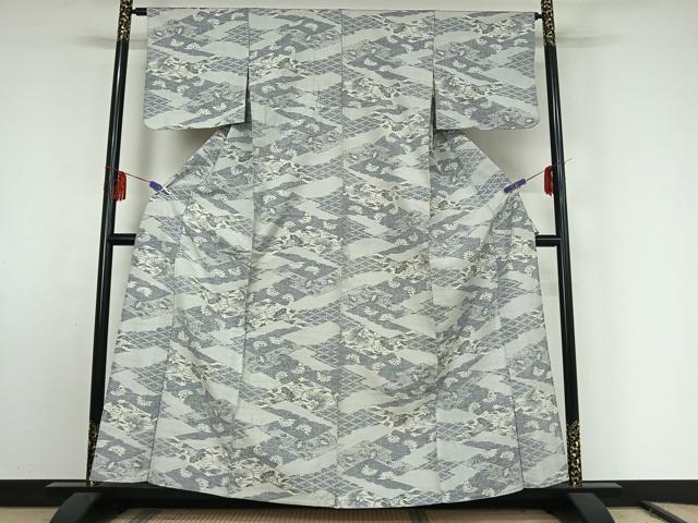 平和屋着物▽上質な紬 単衣 草花文 正絹 逸品 AABE9297jh