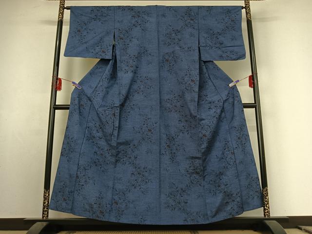 平和屋着物▽上質な紬 単衣 草花文 正絹 逸品 AABE9315jh