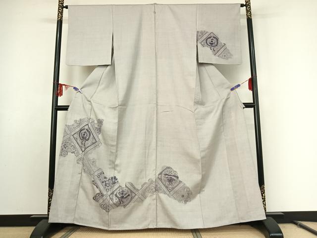 平和屋着物▽訪問着 単衣 紬地 中国三大刺繍 汕頭刺繍 スワトウ刺繍 花鳥文 正絹 逸品 AABE9319jh