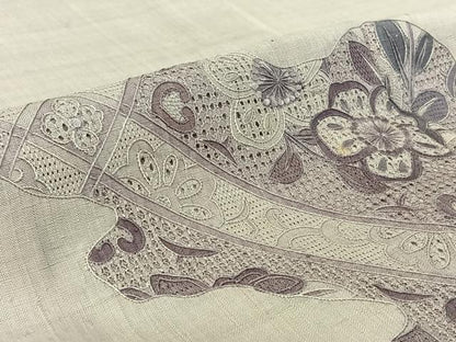 平和屋着物▽訪問着 単衣 紬地 中国三大刺繍 汕頭刺繍 スワトウ刺繍 花鳥文 正絹 逸品 AABE9319jh