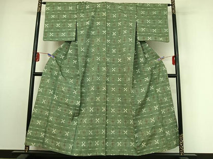 平和屋着物▽上質な紬 単衣 絣柄 正絹 逸品 AABE9322jh