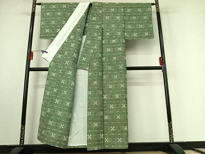 平和屋着物▽上質な紬 単衣 絣柄 正絹 逸品 AABE9322jh