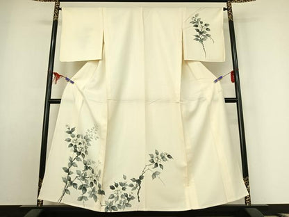 平和屋着物▽訪問着 単衣 紬地 手描き 枝花文 正絹 逸品 AABE9323jh