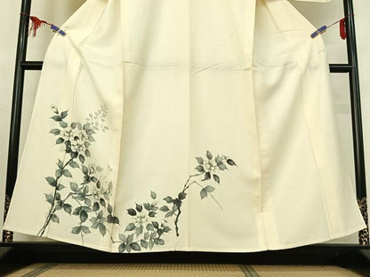 平和屋着物▽訪問着 単衣 紬地 手描き 枝花文 正絹 逸品 AABE9323jh