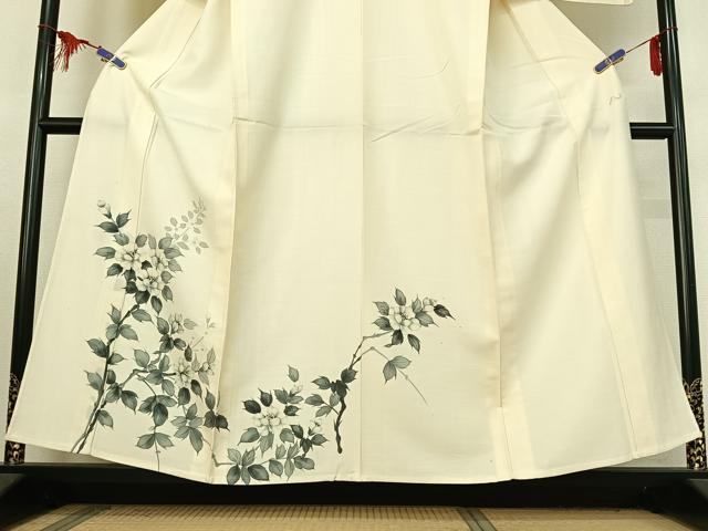 平和屋着物▽訪問着 単衣 紬地 手描き 枝花文 正絹 逸品 AABE9323jh