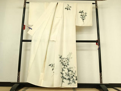 平和屋着物▽訪問着 単衣 紬地 手描き 枝花文 正絹 逸品 AABE9323jh