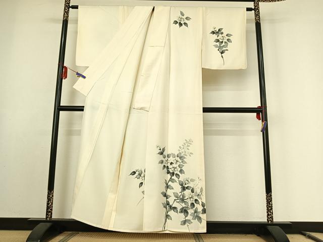 平和屋着物▽訪問着 単衣 紬地 手描き 枝花文 正絹 逸品 AABE9323jh