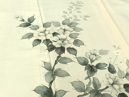 平和屋着物▽訪問着 単衣 紬地 手描き 枝花文 正絹 逸品 AABE9323jh