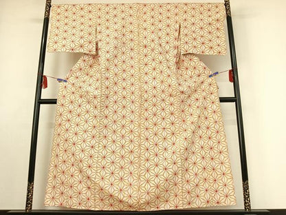 平和屋着物▽上質な紬　単衣　麻の葉文様　正絹　逸品　AABE9325jh