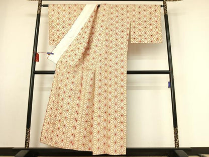 平和屋着物▽上質な紬　単衣　麻の葉文様　正絹　逸品　AABE9325jh