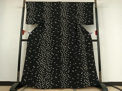 平和屋着物▽上質な小紋 単衣 飛鶴文 鬼しぼ縮緬 正絹 逸品 AABE9327jh