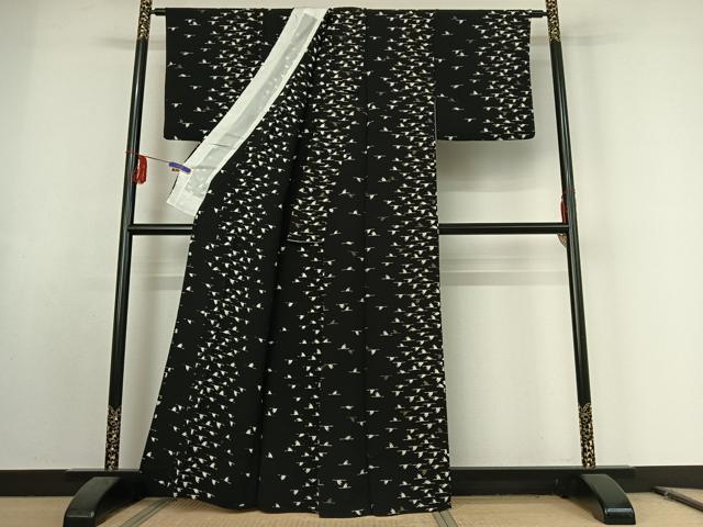 平和屋着物▽上質な小紋 単衣 飛鶴文 鬼しぼ縮緬 正絹 逸品 AABE9327jh