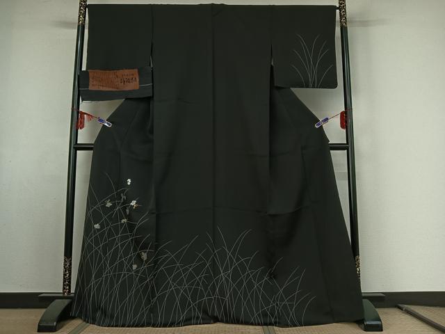 平和屋着物▽訪問着 単衣 柿渋紬 鈴 黒地 金銀彩 銀糸 反端付き 正絹 逸品 未使用 AABE9332jh