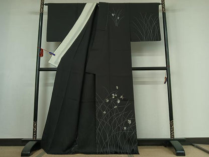 平和屋着物▽訪問着 単衣 柿渋紬 鈴 黒地 金銀彩 銀糸 反端付き 正絹 逸品 未使用 AABE9332jh