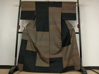 平和屋着物▽訪問着 単衣 紬地 横段文 正絹 逸品 AABE9333jh