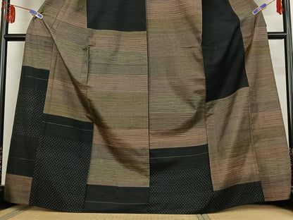 平和屋着物▽訪問着 単衣 紬地 横段文 正絹 逸品 AABE9333jh
