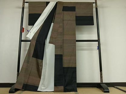 平和屋着物▽訪問着 単衣 紬地 横段文 正絹 逸品 AABE9333jh