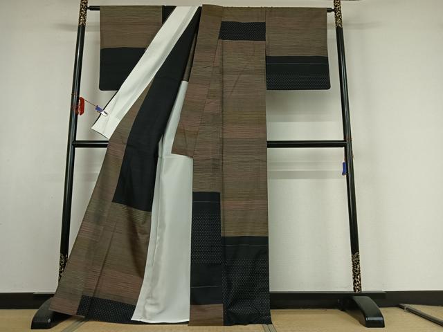 平和屋着物▽訪問着 単衣 紬地 横段文 正絹 逸品 AABE9333jh