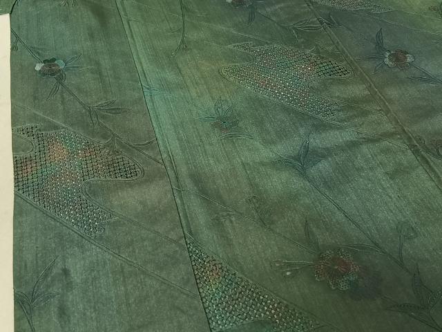 平和屋着物▽本場大島紬　単衣　中国三大刺繍　汕頭刺繍　スワトウ刺繍　草花文　正絹　逸品　AABE9334jh
