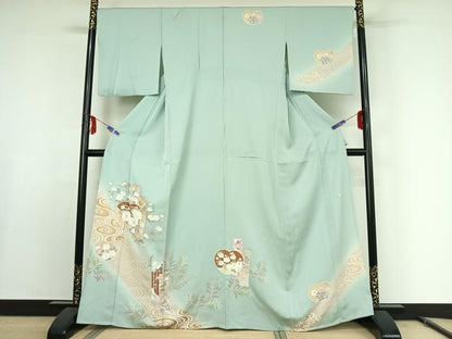 平和屋着物▽訪問着 単衣 作家物 駒刺繍 短冊流水花文 金彩 正絹 逸品 AABE9335jh