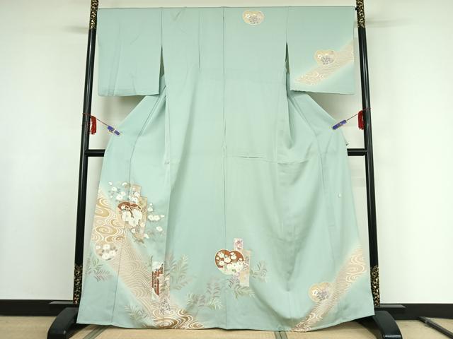 平和屋着物▽訪問着 単衣 作家物 駒刺繍 短冊流水花文 金彩 正絹 逸品 AABE9335jh