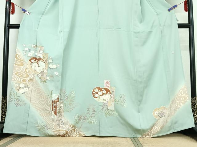 平和屋着物▽訪問着 単衣 作家物 駒刺繍 短冊流水花文 金彩 正絹 逸品 AABE9335jh