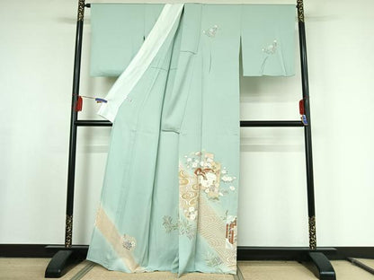 平和屋着物▽訪問着 単衣 作家物 駒刺繍 短冊流水花文 金彩 正絹 逸品 AABE9335jh